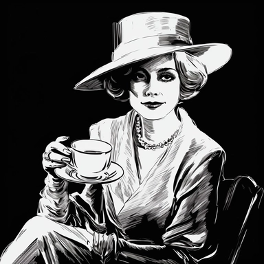 sketch clipart of 20s poster lady enjoying coffee, hd, white on black background, spaced out,--ar 3:2