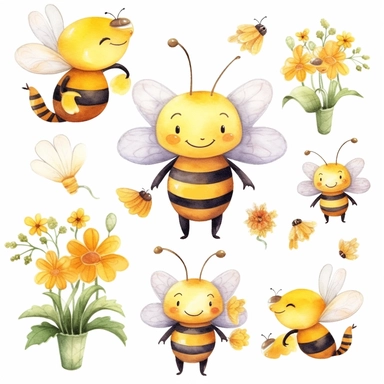 Watercolor bee kawaii cartoon clipart bundle ,Cute bee costume, Garden and flowers illustrations,hive for bees Honey drips, Beehive art WHITE BACKGROUND