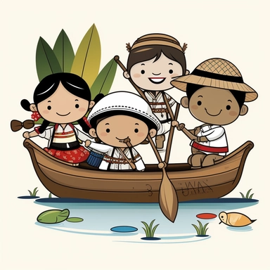 simple, traditional costumes, local foods, and animals, diverse characters, educational, history, and cultural diversity,row boat on a beautiful river, clipart style, cute, picture book style, captivating, kid friendly cute character, black and white, coloring book style, cartoon style, vector image, simple, line art style, character, white background