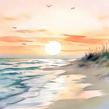 Clipart on white background Beach lanscape muted at sunset water color