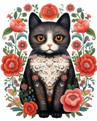 folk art clip art, colored chalk rendering, happy smiling, brown, white and black calico cat in center, full body perspective, with flowers, roses, leaves, pods on a clean white background, extra textured painting,
