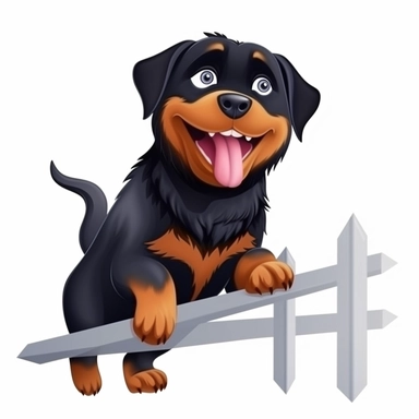 oilpainting, 2d icon of a super cute cartoon smiling Rottweiler jumping up on fence clipart full body, 3d rendering, white background, clean