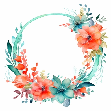 watercolor clipart of a empty suttle dainty floral circle frame surrounded by turquoise color flowers and coral color flowers. Capture the essence of blooming beauty and intricate details in your artwork, white background