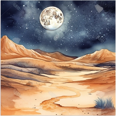 clipart style, watercolor scene of A dreamlike depiction of a desert landscape under a moonlit night sky. The sand dunes ripple across the scene, while the moon and stars illuminate the arid terrain, creating a serene and otherworldly atmosphere, HD, on white background