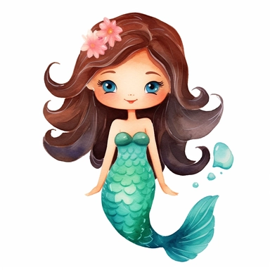 create a hand drawn watercolor clipart of a cute little mermaid, white background, 4k
