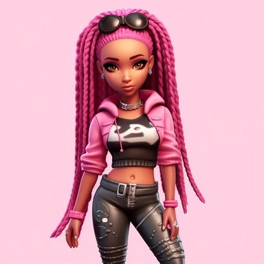 black chibi women incarnate in a 3d pink clothes, Mesmerizing gaze, pink girl dreadlock, american college fashion pink clipart, black magic gir