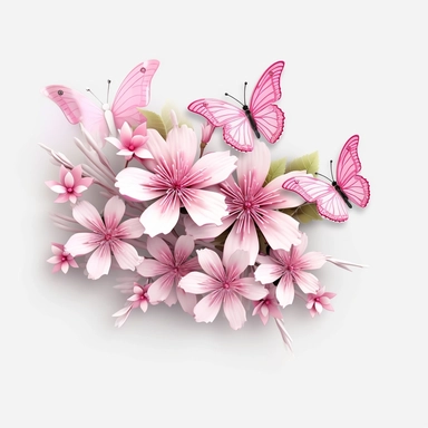 3D exceptionally beautiful pink flowers and butterflies in 3D, clipart, white background