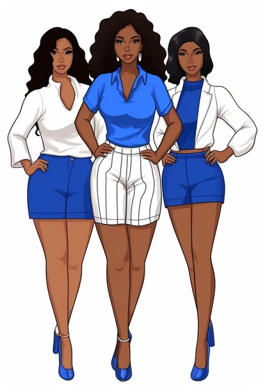 vector illustration of full body detailed melanin beautiful sorority girls with brown eyes wearing true royal blue and bright white with white background.. no watermark! vector clipart, character drawn with thick black lines like for a coloring book! with no watermarks