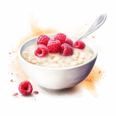 watercolor clipart of bowl with raspberries porridge with oatmeal and milk, presented in a flatlay style with a top-side view on a clean white background. bowl should be filled with a visually appealing arrangement of one ingredient, showcasing their vibrant colors and textures. The watercolor style should bring out the essence of each ingredient while retaining a harmonious overall composition. The clean white background should provide a pristine backdrop, enhancing the visibility and focus on 