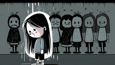 Cyberbullying style vector illustration clipart, kids bullying a little girl, sadness, enemies, gloomy, sad, gloomy, dark wall,