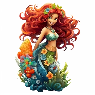 A beautiful smiling mermaid, highly detailed, long hair, beautiful flowers and coral, highly detailed tail, full body image, pixar style, clipart