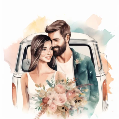 realistic just married couple watercolor clipart single design, 8k