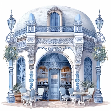 Gorgeous blue French cafe with elegant arches and a decorative entrance. The interior features a soothing blue color scheme and exquisite French decor. Clipart, solid white background, Ultra-detailed, hyper-realistic, intricate detail