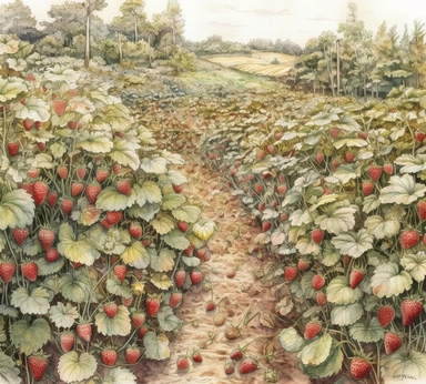 realistic burnished watercolored pencil strawberry field scene clipart, detailed, on white background, spaced out