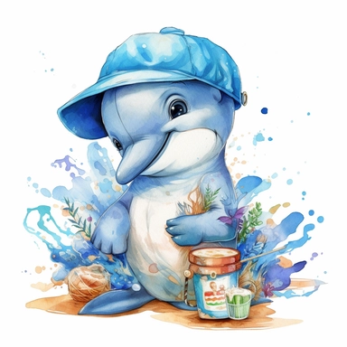 happy cute baby dolphin for kids playing with funny items, cartoon, highly detailed, watercolor, clipart, illustration, digital painting, paper crafting, no signature, no text