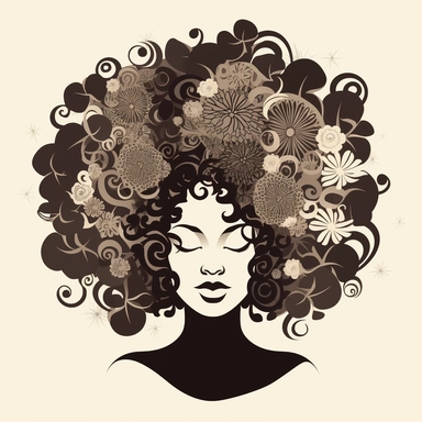 A trendy and empowering clipart design showcasing an Afro Black Natural Hair woman. The design highlights the intricate details and unique patterns of her natural hair, with each curl and kink beautifully illustrated. The woman is portrayed with a radiant