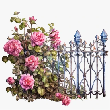 rose covered iron fence, in the style of photo realistic and hyper-detailed watercolor, sketchfab, ahmed morsi, realistic watercolor, use of common materials, handcrafted designs, clipart with white background