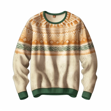 isolated illustration on a white background, a hyper realistic camping sweater rich green and beige warm colors , Clipart, watercolor realistic and highly detailed, natural realistic warm colors