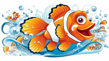 Brightly Colorful Cartoon Clown Fish and Waves clip art. Image depicting Happy Fish with sparkling scales that have double flowing Flippers, Fish are swimming, playing and laughing. No rouge faces. Each element of the Design is to be individual and totally separated and isolated on White Background, 2d Vector Clip Art for use in other designs