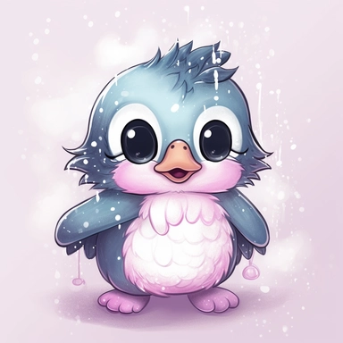 Introducing Bubbles, the bubbly little penguin! Bubbles is covered in soft, fluffy white feathers with glittery blue wings and a cute pink beak. She loves to swim and play with her friends, cartoon, clipart