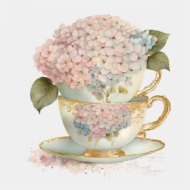 3 stacked vintage teacup, pink pastel Hydrangeas inside, glitter around, white, gold, glitter, fantasy, realistic illustration, watercolor, by Dinara Mirtalipova, by Disney, by rifle paper co, bright and airy Colors, concept art, white background, clipart