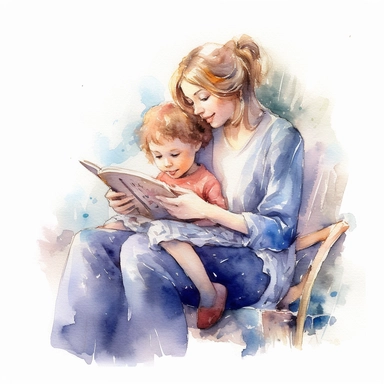 watercolor art of A mother and child sitting together, reading a book or playing a game, clipart, white background, 8k