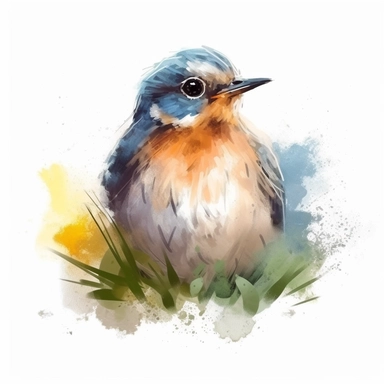 watercolor painting of a bird, looking at the camera, clipart, pastel color Illustration, 4k, sharp focus, Featured on grass, watercolor edge-smudging style, Octane rendering, watercolor style, flat vector