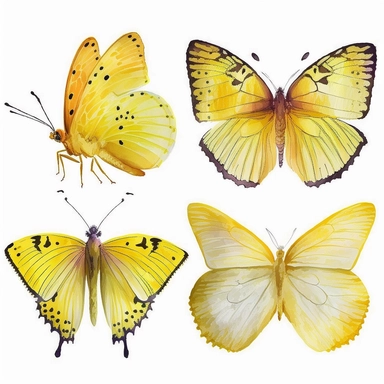 watercolor 4 butterflies clipart, flying 4 butterlies, full yellow, bright color, no outlines, white background, no text