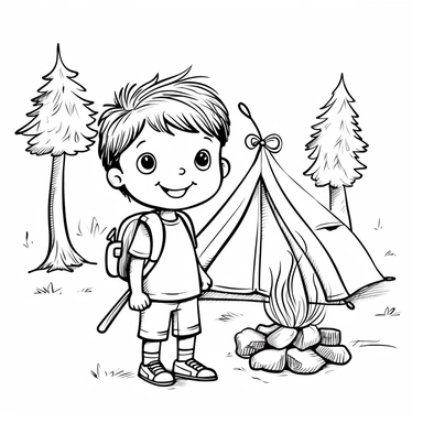a very simple coloring page for 3 year olds. a tent, a campfire, two trees, a backpack, a child smiling holding a marshmallow on a stick style clip art black and white low ink