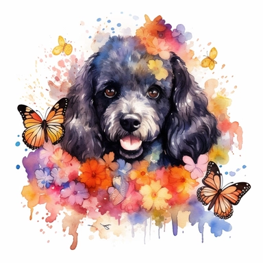 a vibrant watercolor clipart image of a dog Poodle with a white background, surrounded by colorful flowers and butterflies.