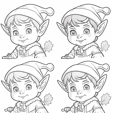 clip art coloring book page for toddler. four different images of an Elf. white background. simple line drawing. very low detail.