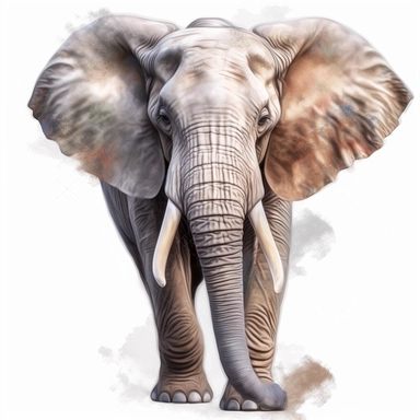 a large grey elephant facing camera, 8k ultra realistic, watercolour art, transparent background png clipart