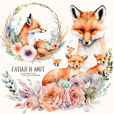 Mum & baby Animals Watercolor, Baby Animals, Fox and baby, watercolor clipart, Tropical, forest, watercolor clipart, baby shower, transparent background, png, high detail, 8k - d, 32k