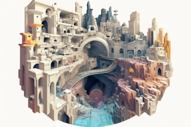 a close up of a infinite loop open pit mine on a white background, james gilleard and james jean, escher, trending on artisation, connectedness, scutoid, mit technology review, by Sam Spratt, dan mcpharlin : : ornate, wormholes, tetris, monolithic, stylized stl, clipart icon, simple 4 colors from gray to metalic blue, vector-based, sharp border, plane color and very define, high quality, digital art, 8k resolution, masterpiece, congruent, amazing, incredible, awe-inspiring, mind-blowing, masterf