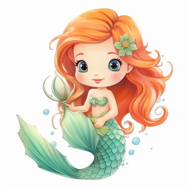 Super cute baby mermaid with fish tail clipart, white background