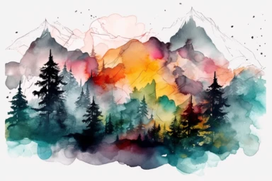 Mountain Scene Forest Clipart, Winter, with a transparent background, Watercolor Illustration, natural lighting, colorful,