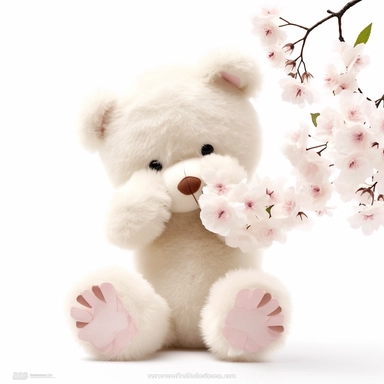 clipart of tidy fluffy shy baby teddy bear asking for a hug , cute, soft and mellow colors, cherry blossome environment, octan renderer, dept of field white background, cutout, close