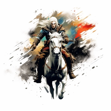 beautiful cities, horses, monsters and weapons as The witcher videogame, paint art style, clipart, white background, superrealistic, one of a kin