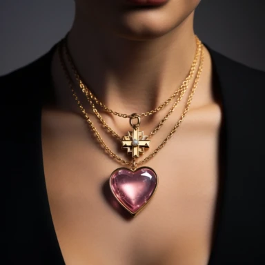 three-layer necklace with yellow gold paper clip chain, color gemstone mini cross charm embellishments around, with pink diamond heart shaped center pendant, ballerina core fused with norm core