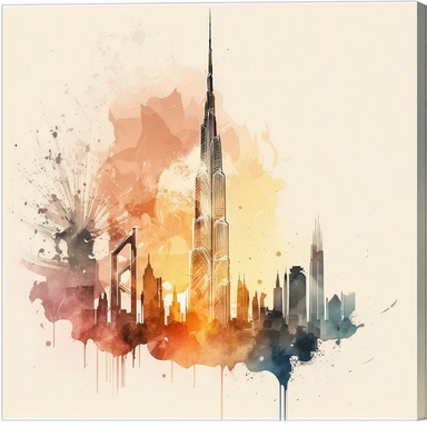 a clipart of a detailed watercolor Burj Khalifa in Dubai background, with a beautiful sunshine, v4 ar 2:3