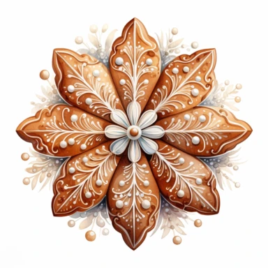 A isolated watercolor clipart, Christmas hand made gingerbread, snowflakes,white background, Art Nouveau, highly detailed,