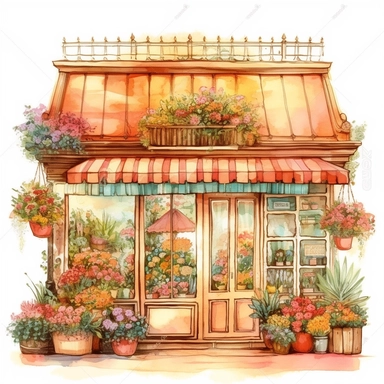 watercolor clipart of a whimsical flower store front, colored pencil drawing, beautiful illustration, good composition, vector, contour, isolated white background, rendered in 26k