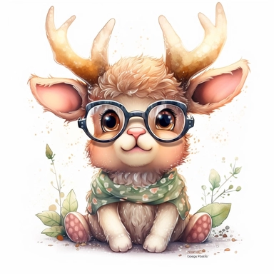 kawaii adorable fantasy baby elk wearing cute glasses, nursery art, clipart image, line art image, white background, inspired by yoshitaka amano art, very detailed, 8k