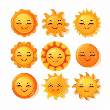 beautiful smiling sun symbols in bright orange and gold, white background, vector-style, clipart collection