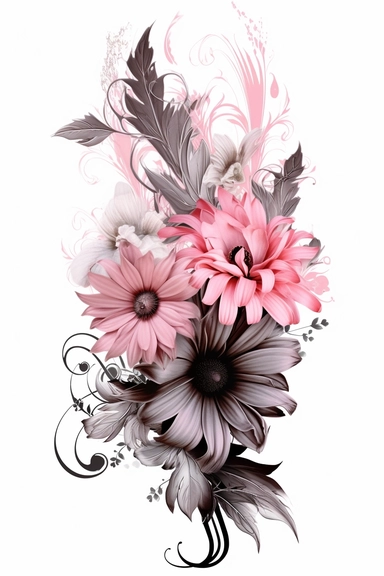 flower corner freebie floral border clipart, in the style of black and white realism, pink and gray, uhd image, tattoo, monochromatic paintings, contemporary fairy tale, eye-catching detail