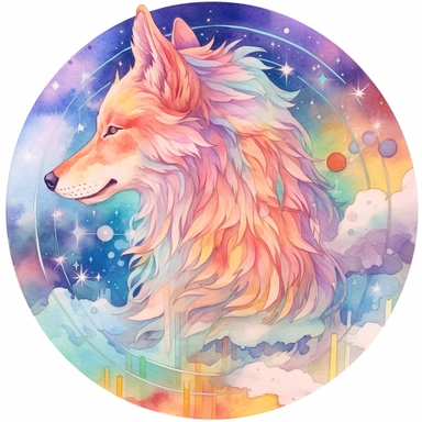 celestial wolve clipart watercolor sketch , dreamy color, anime style, ghibli , trippy , planet , stars, epic, flowers, Phantasmal Iridescent
