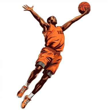 Clipart a basketball player in a jump scores a ball into the basket. On a white background without shadows.