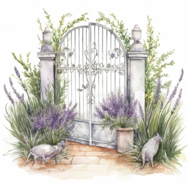 hand drawn opened white country garden gate with rosemary beside it, inside is an herb garden with lavender up front, glamorous, very detailed and realistic , watercolor, white background with margins, clipart style