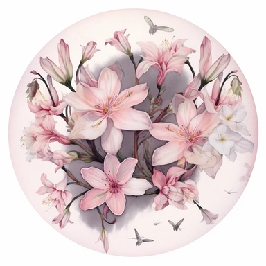 Delicate watercolor clipart showcasing a cluster of pink flowers, viewed from a bird's-eye perspective, arranged within a circular frame adorned with intricate botanical motifs, evoking a sense of grace, harmony, and the eternal cycle