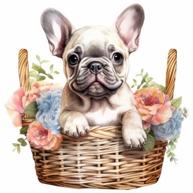 watercolour beautiful neutral white floral cute realistic French bulldog puppy in wooden wicker basket with roses dahlias peonies beautifully detailed cute face perfect facial features and ears four perfect legs and paws beautiful cute realistic French bulldog puppy, png clipart, 300dpi, graphic clipart,computer graphics,high resolution print graphics